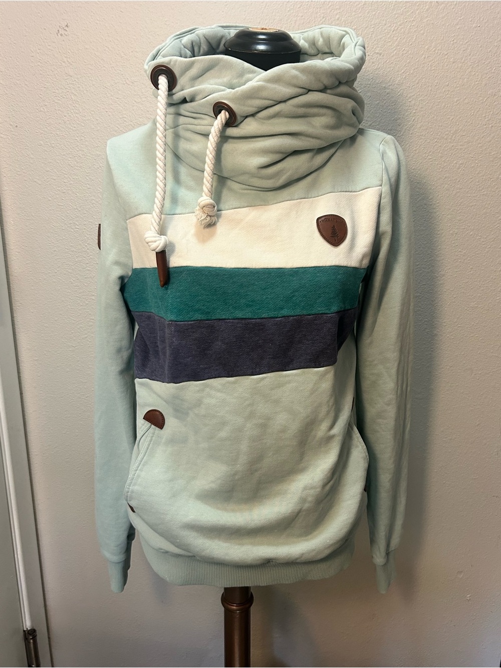 Wanakome Womens Medium Cowl Neck Hoodie Colorblock Mint Green Teal Navy